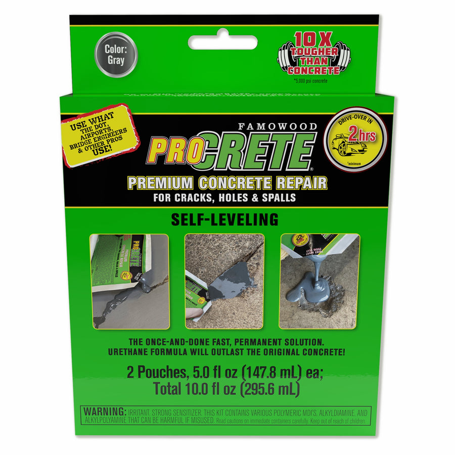 Green ProCrete premium concrete repair retail box showing product name, usage photos and gray color callout