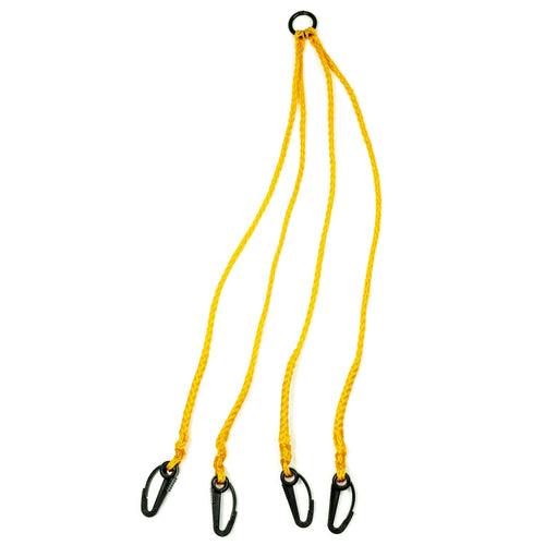 Promar yellow four-arm poly rope harness with black snap clips and top attachment ring on white background