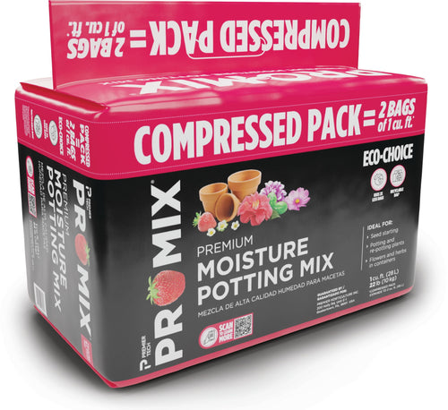 Close-up angled view of a red and black PRO-MIX compressed pack labeled Premium Moisture Potting Mix with strawberries and flowers graphic.