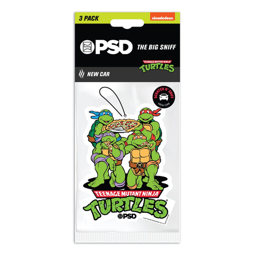 Packaged PSD Big Sniff Teenage Mutant Ninja Turtles hanging air freshener, New Car scent retail blister with logo and turtle artwork