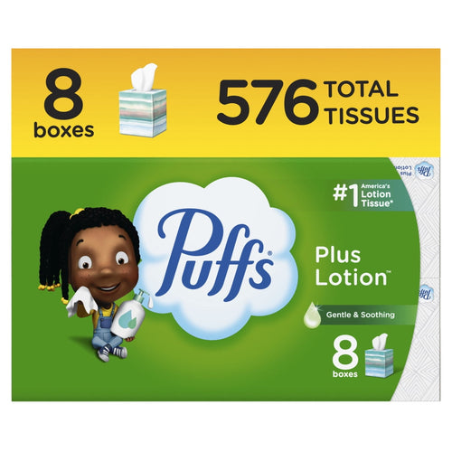 Puffs Plus Lotion green packaged multipack box front with 576 total tissues and illustrated child character