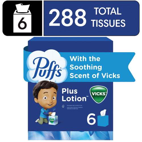 Blue Puffs Plus Lotion multi-pack graphic showing 288 total tissues, Vicks badge and a child mascot on box art