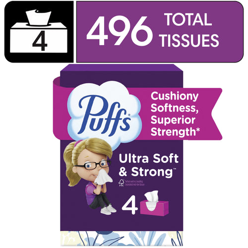Illustrated Puffs tissue pack graphic showing purple box, logo, and '496 total tissues' banner