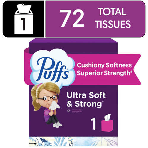 Graphic purple Puffs tissue cube package with cartoon girl and large '72 total tissues' banner