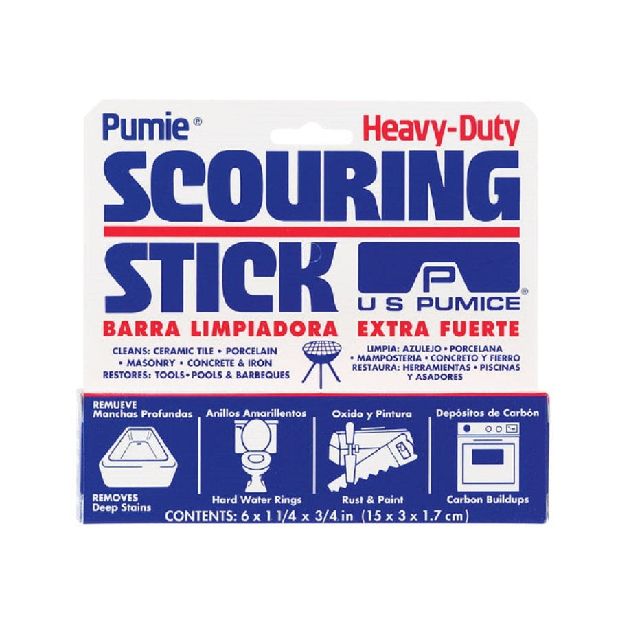 Pumie heavy-duty scouring stick retail carded packaging with bold 'SCOURING STICK' text and usage icons
