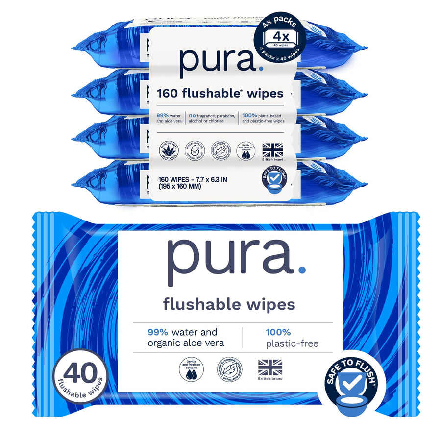 Stack of four blue Pura flushable wipes packs showing a 160 flushable wipes label and brand name