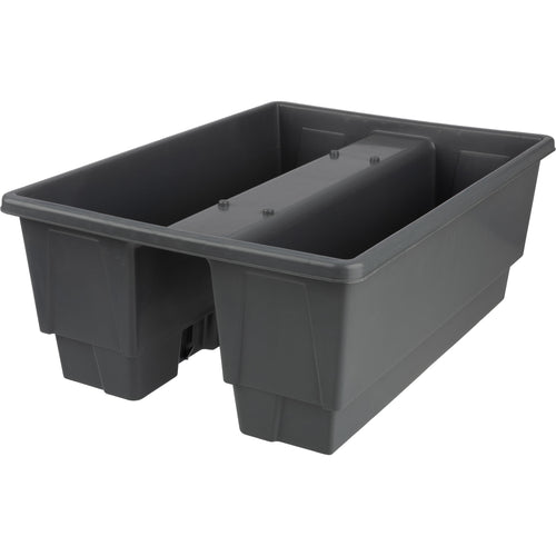 Gray plastic railing planter with central support section, angled studio view