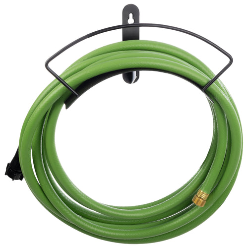 Black metal wall-mounted garden hose holder holding a coiled bright green garden hose on white background
