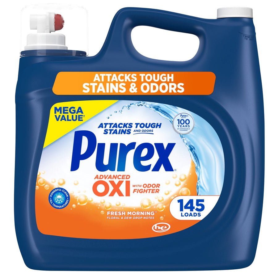 Front-facing Purex Advanced Oxi laundry detergent jug with blue plastic container and orange label reading Purex and OXI.