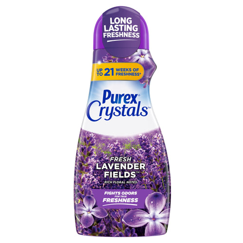 Front-facing Purex Crystals Fresh Lavender Fields scent booster bottle with purple cap and lavender field imagery.