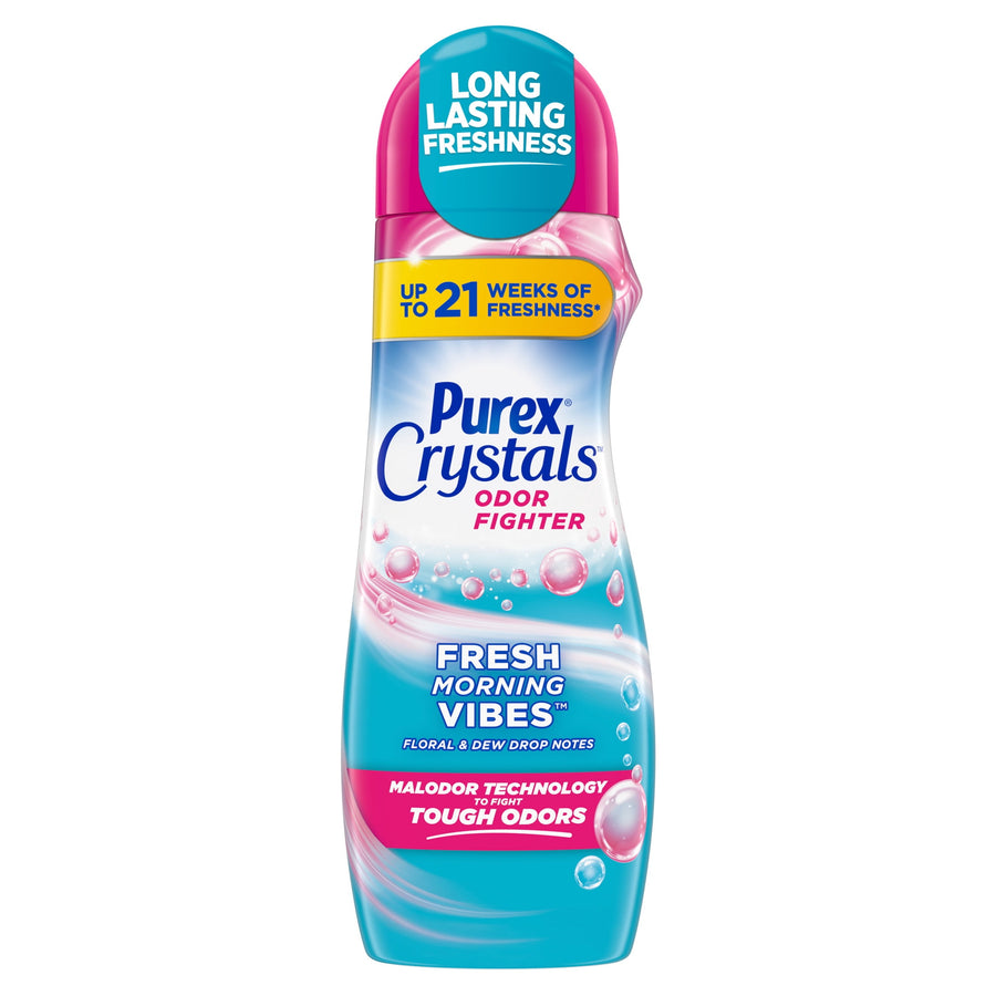 Tall Purex Crystals Fresh Morning Vibes scent booster bottle with blue and pink label