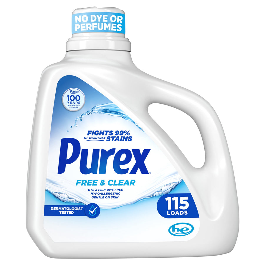 White Purex Free & Clear liquid detergent jug with blue label showing 115 loads and no dye or perfumes