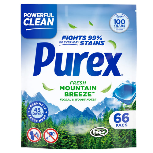 Purex Fresh Mountain Breeze detergent pacs package showing brand name, mountain graphic and 66 pacs callout