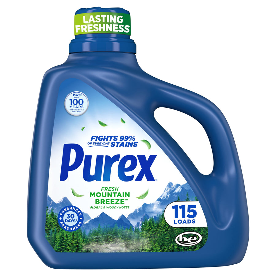 Blue Purex Mountain Breeze liquid detergent jug with label showing mountains and '115 loads' badge