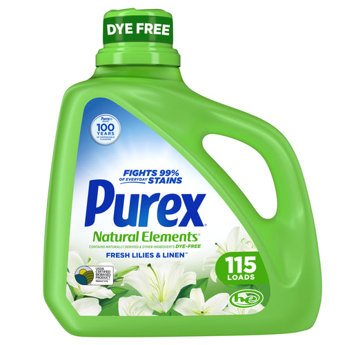 Green Purex Natural Elements detergent jug with Fresh Lilies & Linen label and 115 loads badge on white background