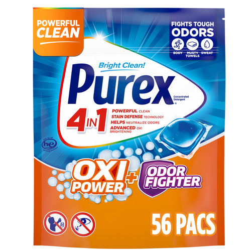 Front of a Purex Oxi Power + Odor Fighter pouch with bold logo, OXI POWER and 56 PACS callouts