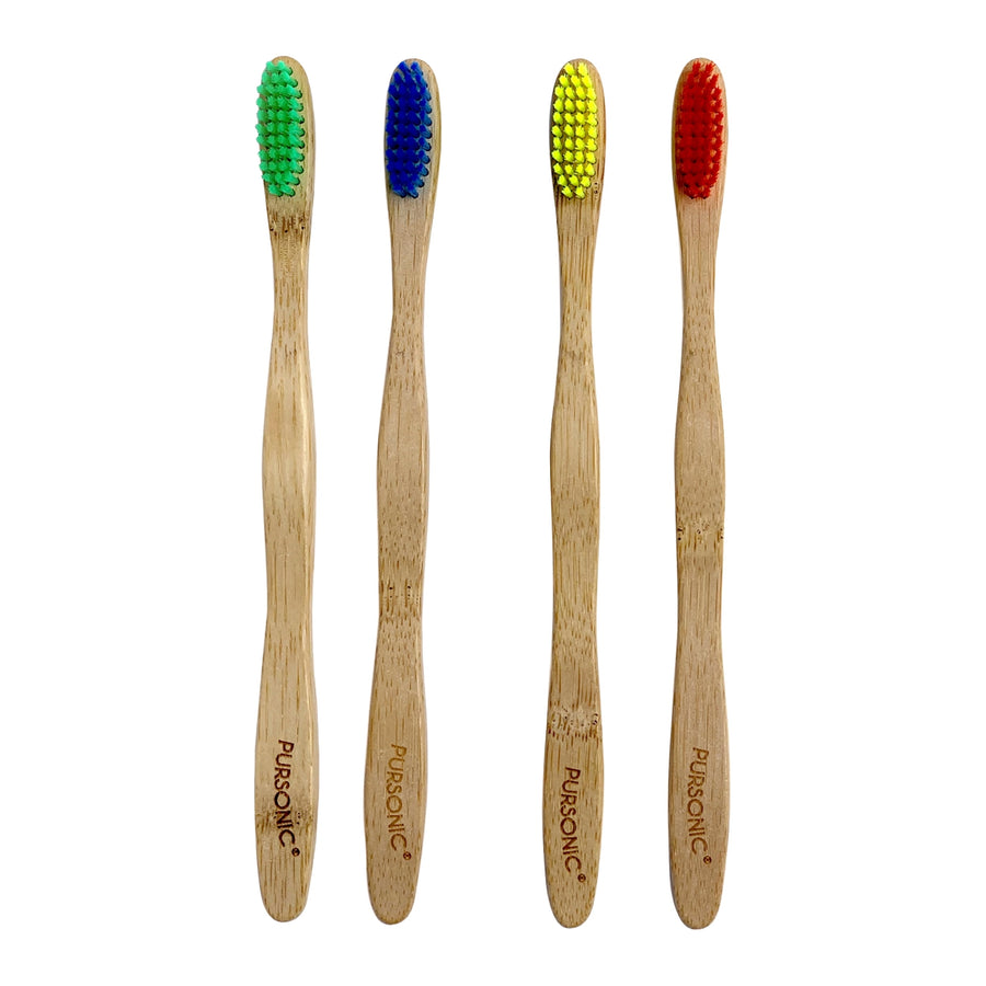 Four Pursonic bamboo-handled toothbrushes with green, blue, yellow and red nylon bristles on white background