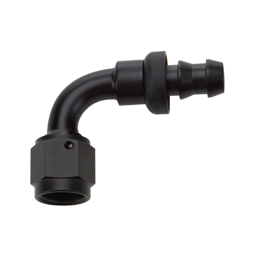 Black anodized 90° push-lock hose end elbow with female threaded nut and barbed hose tail.