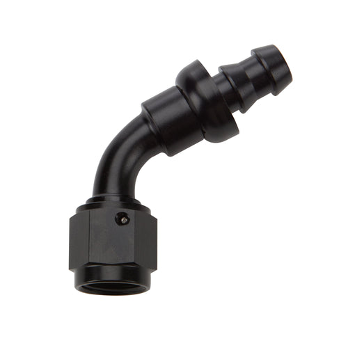Black anodized 60-degree push-lock hose end elbow fitting photographed on white background