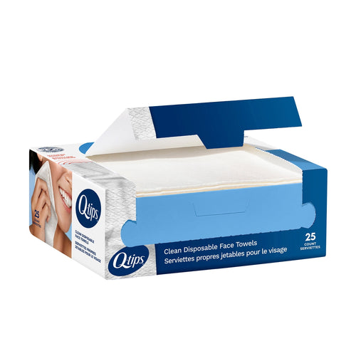 Open box of Q-tips disposable face towels with a stack of white cotton sheets visible and branded packaging