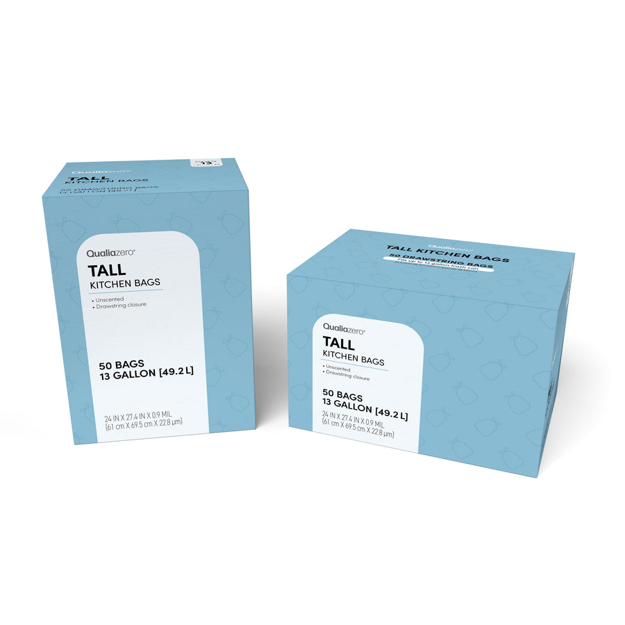 two light blue qualiazero tall kitchen bags boxes, each labeled 50 bags, 13 gallon, on a white background