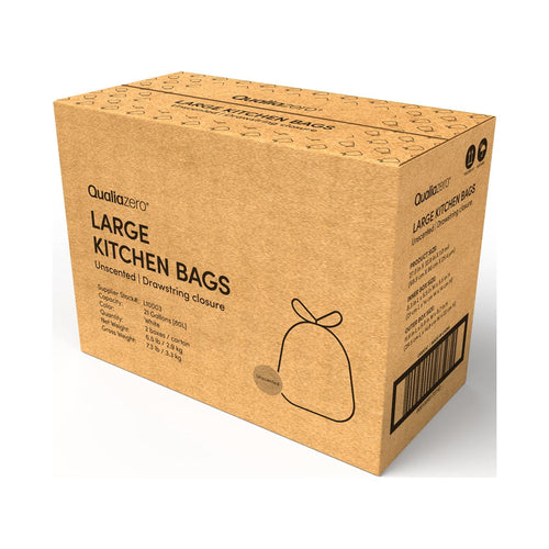 Brown corrugated-style Qualiazero shipping-style box printed with large kitchen bags branding and a trash bag icon