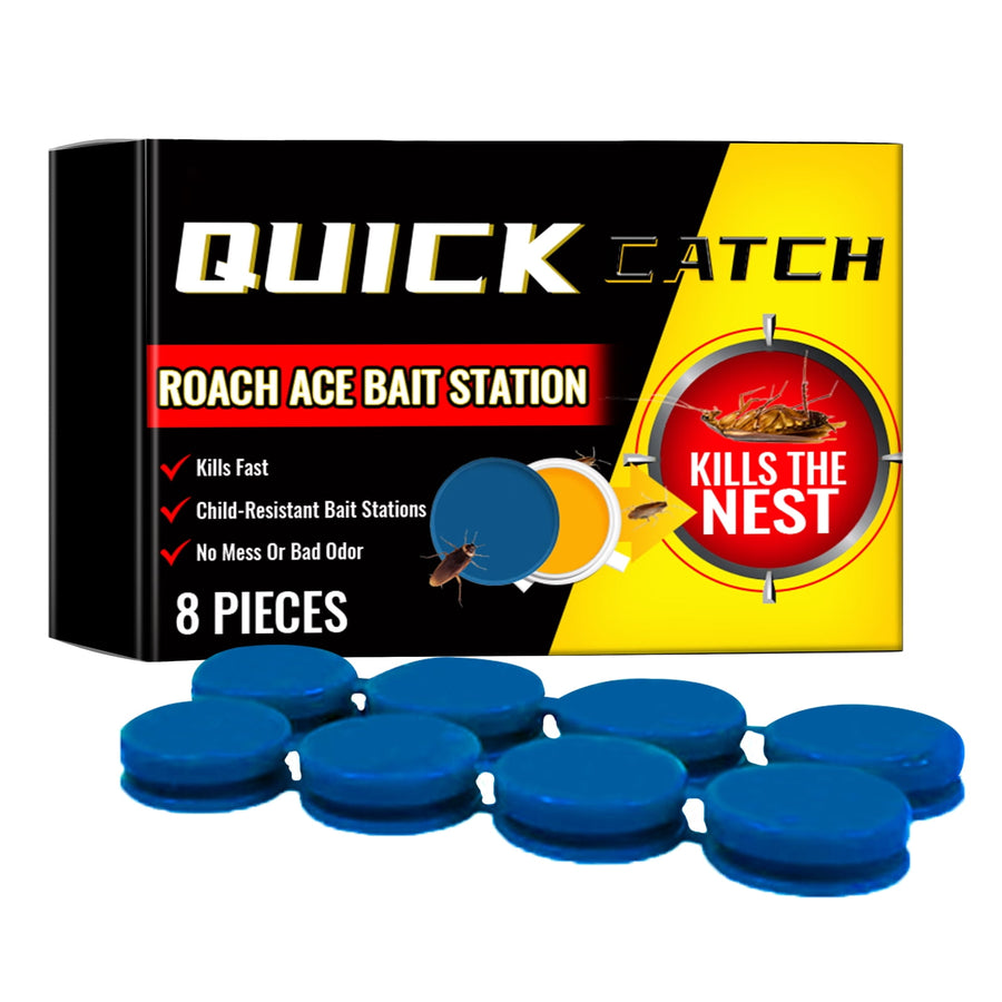 quick catch roach bait station box with eight blue bait discs in front