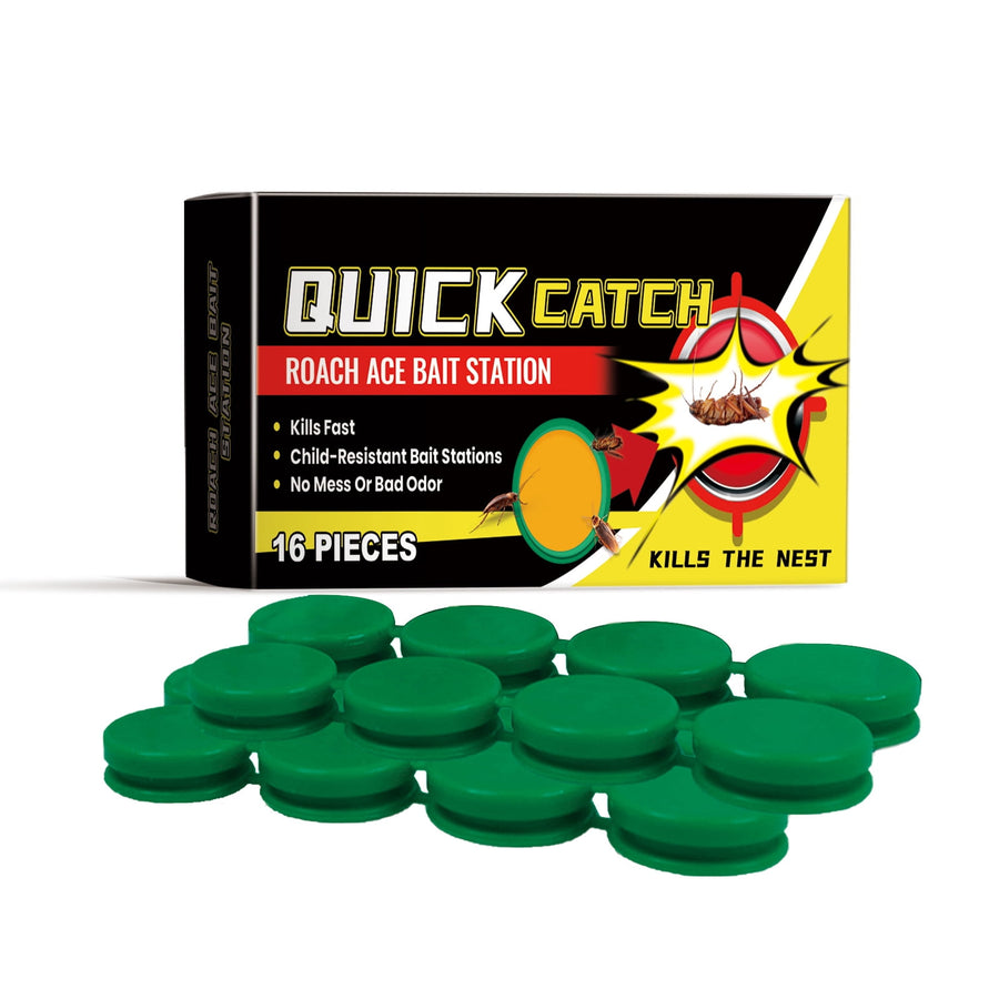 box labeled quick catch roach ace bait station with green round bait stations in front