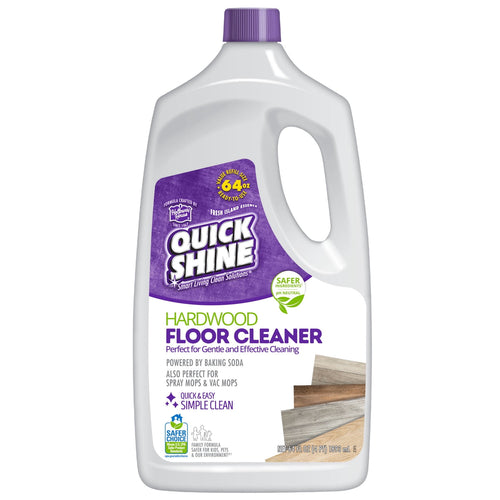 Quick Shine hardwood floor cleaner bottle with purple label and wooden floor image on front