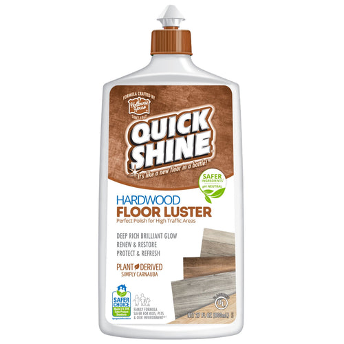 Front-facing bottle of Quick Shine Hardwood Floor Luster with label showing hardwood swatches and green safer-choice badge