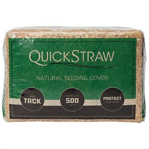 Wrapped QuickStraw bale with green front label reading QUICKSTRAW natural seeding cover