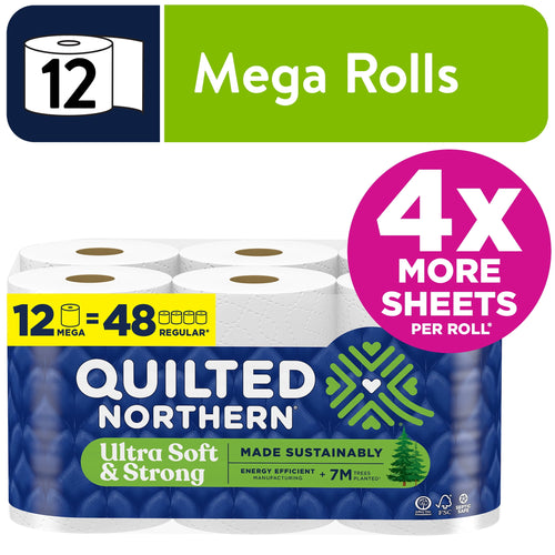 Packaged Quilted Northern Ultra Soft & Strong toilet paper pack showing 12 mega rolls and 4x more sheets claim