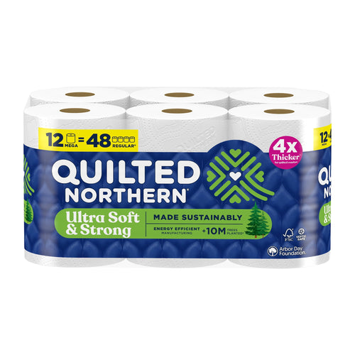 Quilted Northern Ultra Soft & Strong toilet paper 12-mega roll pack shown on white background