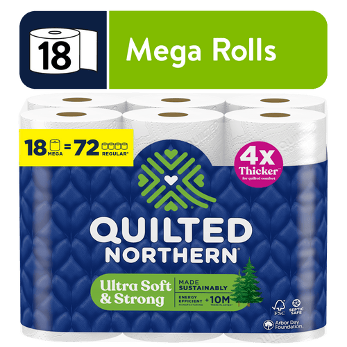 Packaged Quilted Northern toilet paper multipack with blue wrap, green logo, and 'Mega Rolls' callout