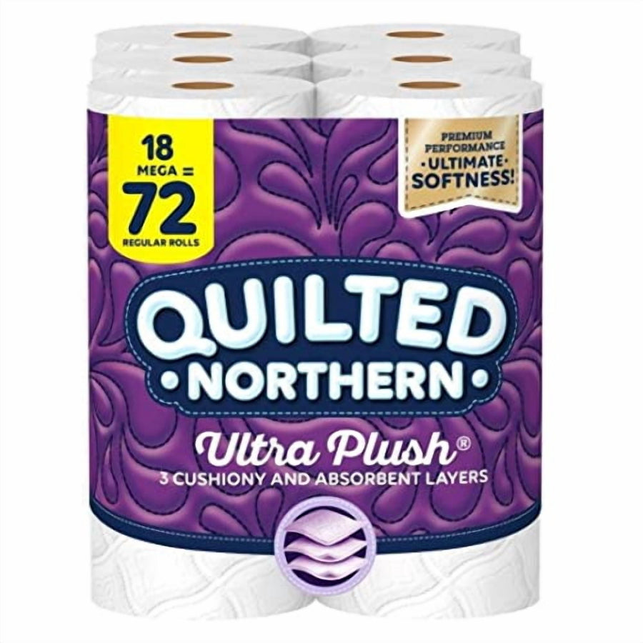 Packaged Quilted Northern Ultra Plush toilet paper showing purple branded wrapper and visible rolls