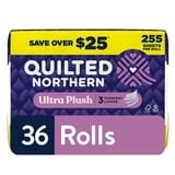 Packaged Quilted Northern Ultra Plush toilet paper pack showing brand, 36 rolls label and 255 sheets callout