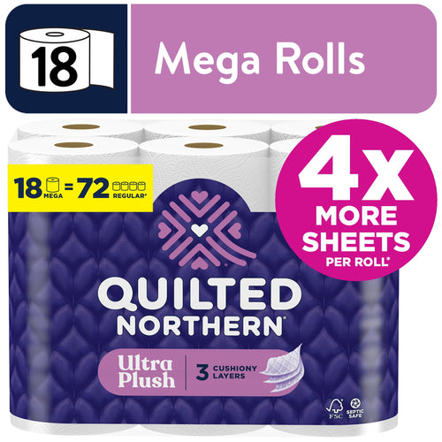 Packaged Quilted Northern Ultra Plush toilet paper pack with purple quilted design and large '4X more sheets' badge