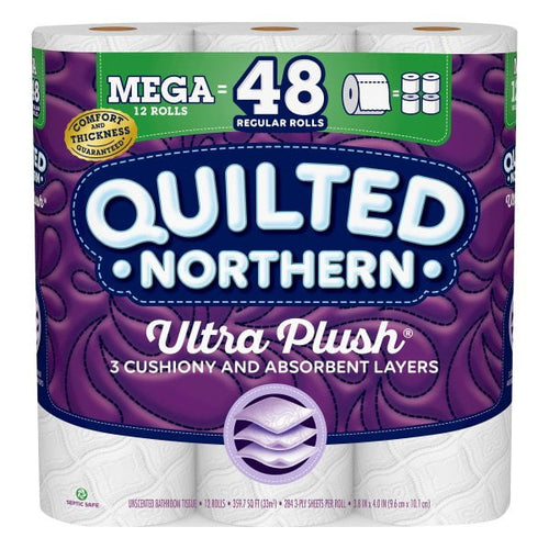 Packaged Quilted Northern Ultra Plush toilet paper with purple branded wrap and label