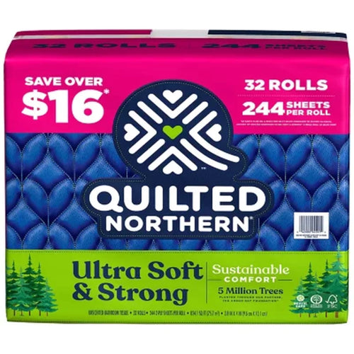 Quilted Northern package with blue quilted pattern, green banner reading Ultra Soft & Strong and 32-roll/244 sheets callouts.