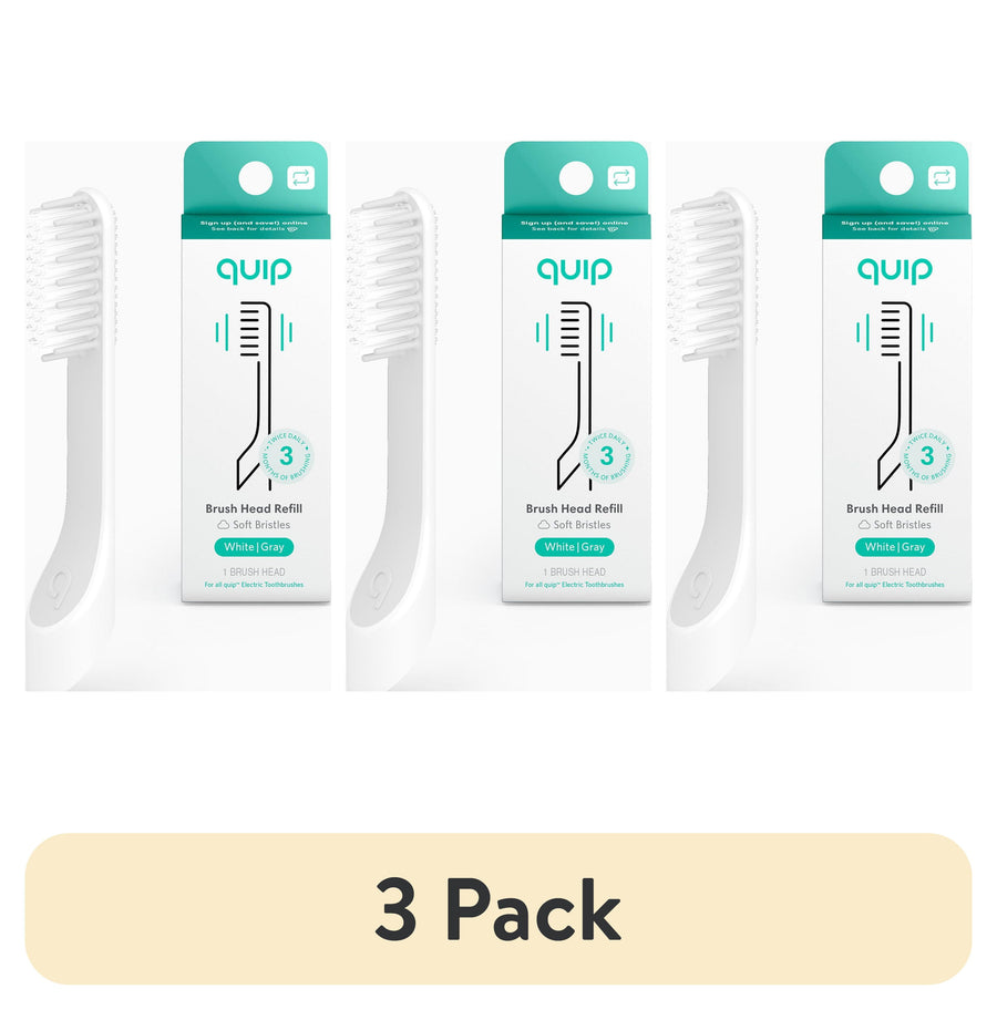 Three Quip replacement brush head packages shown side-by-side with a pale yellow banner reading “3 Pack” below.