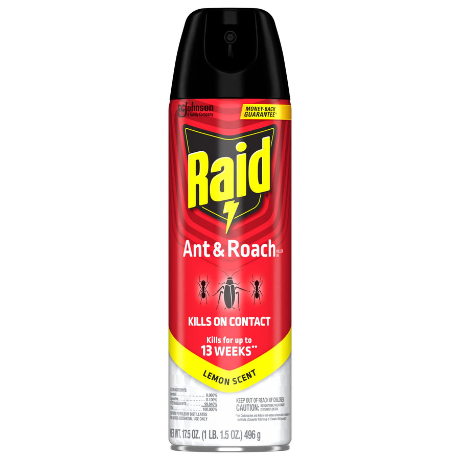 Front-facing red Raid Ant & Roach aerosol can with lemon scent label and brand logo on white background