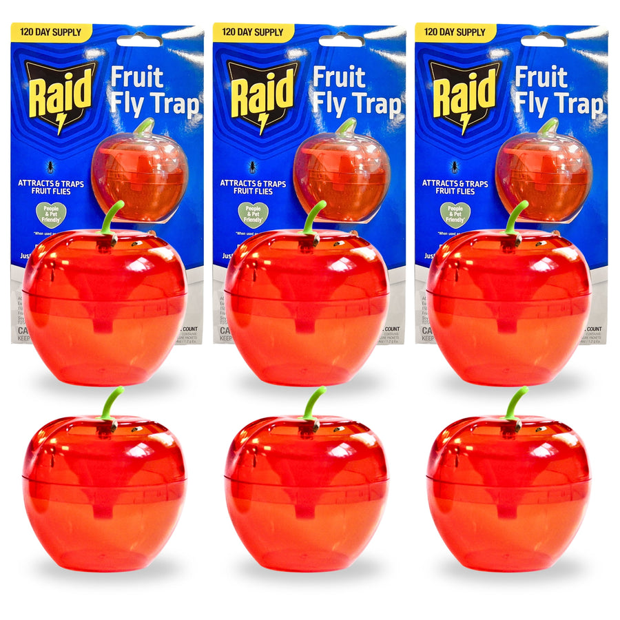 Six red apple-shaped Raid fruit fly traps arranged in two rows with packaged cards behind
