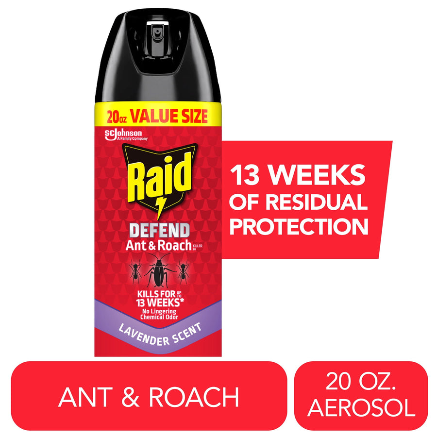 Front-facing Raid Defend Ant & Roach aerosol can with lavender scent label and 13 weeks claim