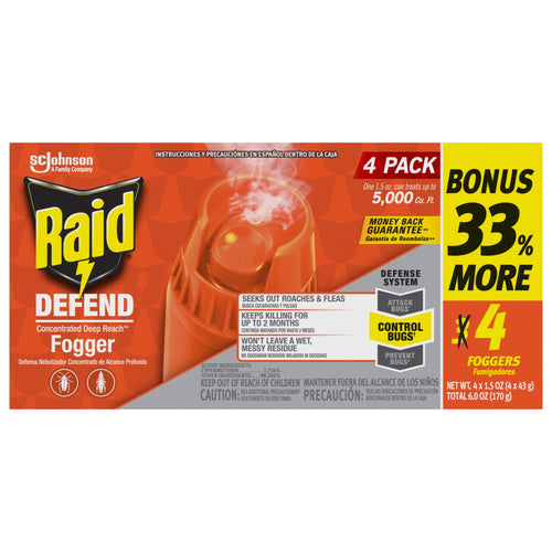 Raid Defend concentrated deep reach fogger 4-pack retail box with bold 'bonus 33% more' callout