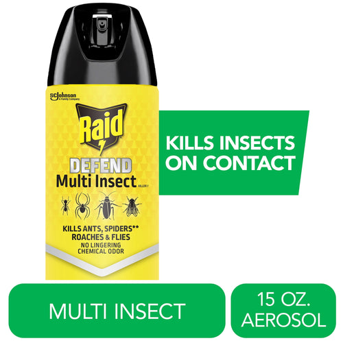 Raid Defend Multi-Insect aerosol can product shot with green callout reading 'Kills insects on contact'.