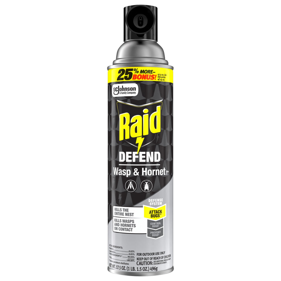 Tall Raid Defend Wasp & Hornet aerosol can with black cap and yellow '25% more bonus' strip on a white background.