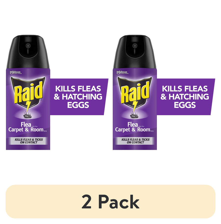 Two purple Raid Flea Carpet & Room spray cans with callout banners reading "Kills Fleas & Hatching Eggs" and a 2 Pack label