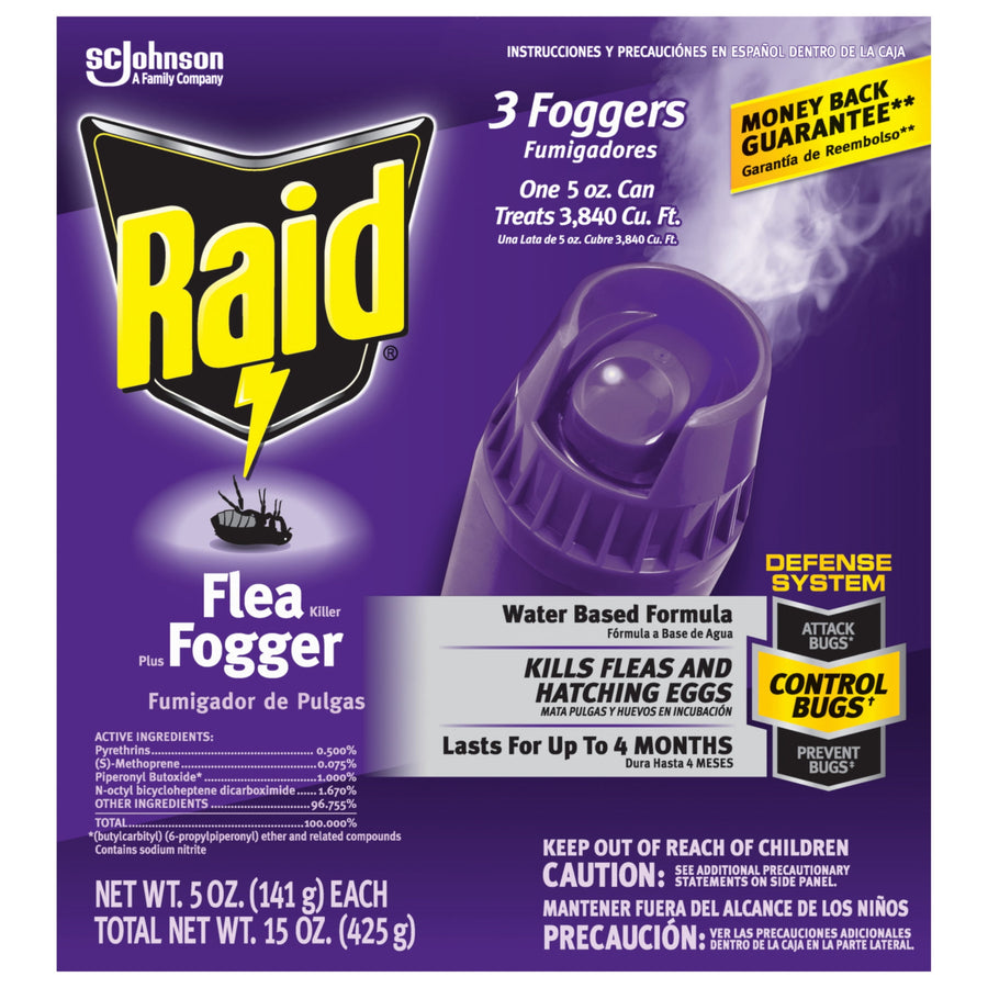 Close-up front of a purple Raid Flea Fogger retail box showing product name, fogger image and usage claims in English and Spanish