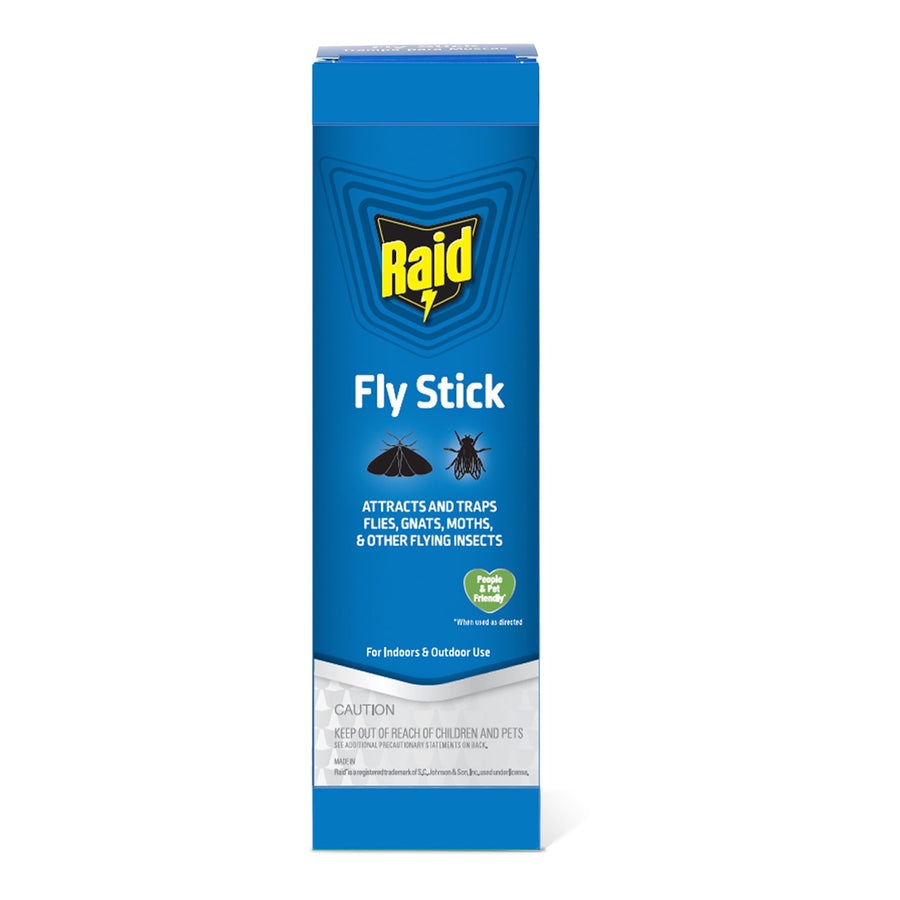 Single upright Raid Fly Stick product box on white background showing brand logo and insect icons.