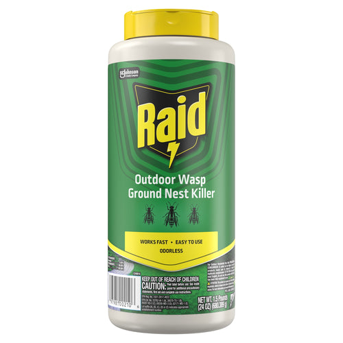 Front-facing image of a Raid Outdoor Wasp Ground Nest Killer green plastic bottle with yellow cap and label details.